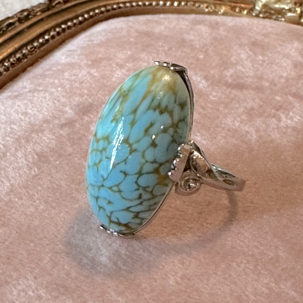 Vintage Faux Turquoise Mid Century Modern Statement Ring SZ 5 3/4 Elongated Oval - Picture 6 of 17